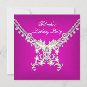 Invitation Fête d'anniversaire Chaud Rose Blanc Perle Argent