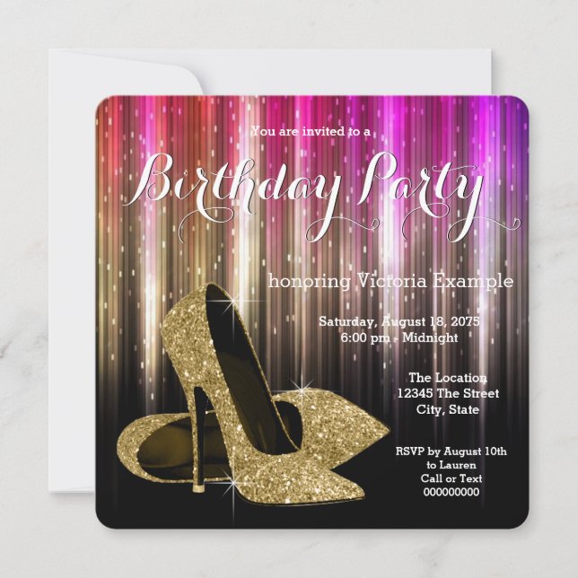 Invitation Fête d'anniversaire chaussure à talon glamour (Devant)