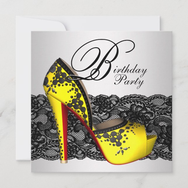 Invitation Fête d'anniversaire chaussure à talon haut noir et (Devant)