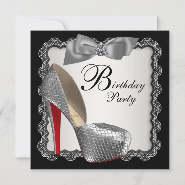 Invitation Fête d'anniversaire chaussure à talon haut noir et (Devant)