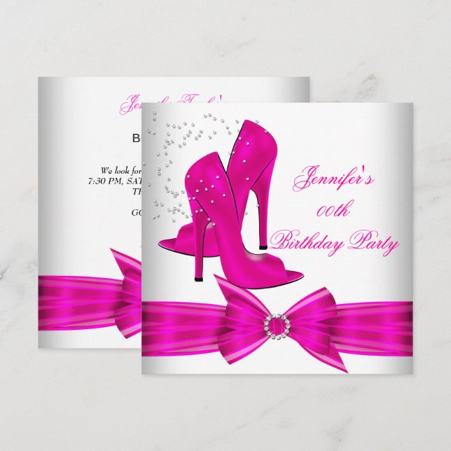 Invitation Fête d'anniversaire chaussure à talon haut rose ch (Devant / Derrière)
