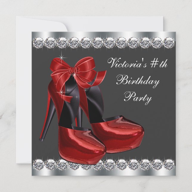 Invitation Fête d'anniversaire chaussure à talon haut rouge r (Devant)