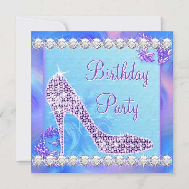 Invitation Fête d'anniversaire chaussure à talon haut violet  (Devant)