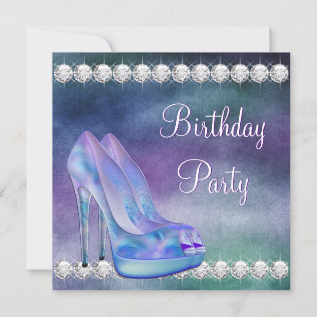 Invitation Fête d'anniversaire chaussure à talon haut violet  (Devant)