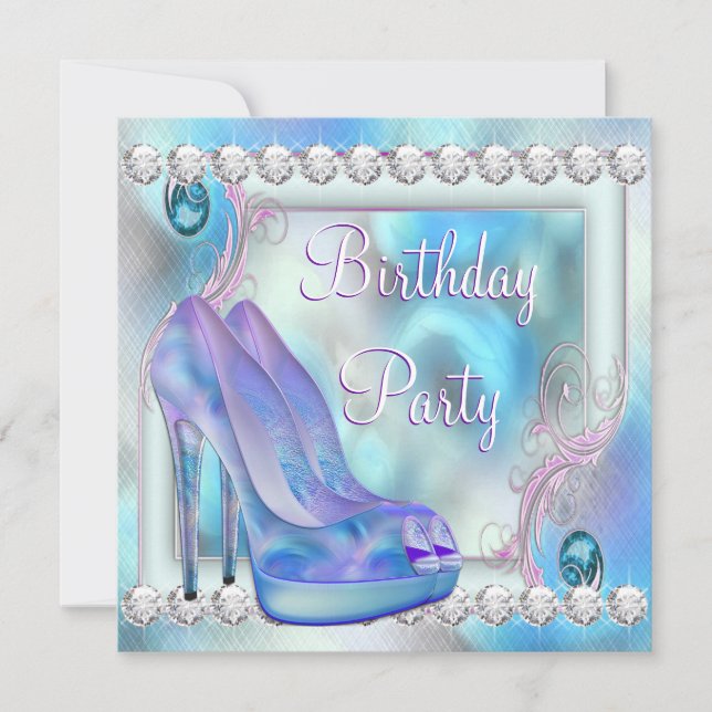 Invitation Fête d'anniversaire chaussure à talon haut violet  (Devant)