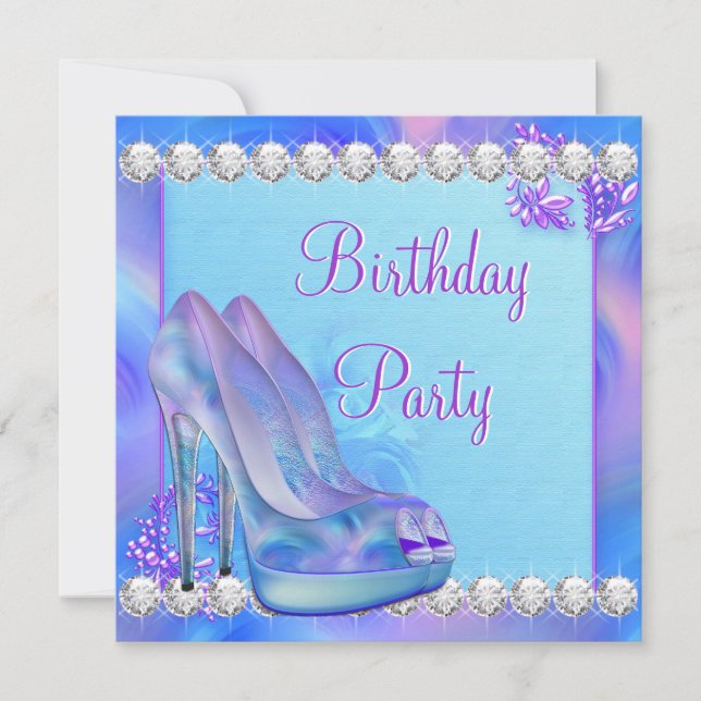 Invitation Fête d'anniversaire chaussure à talon haut violet  (Devant)