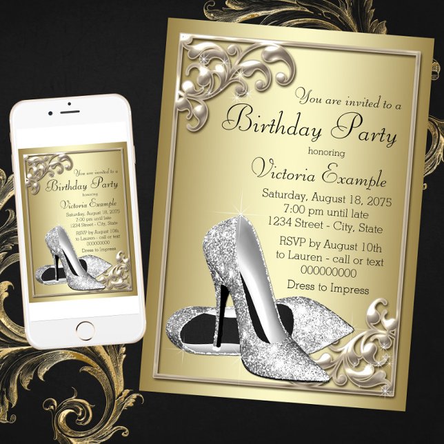 Invitation Fête d'anniversaire chaussure argent or ivoire (Créateur téléchargé)