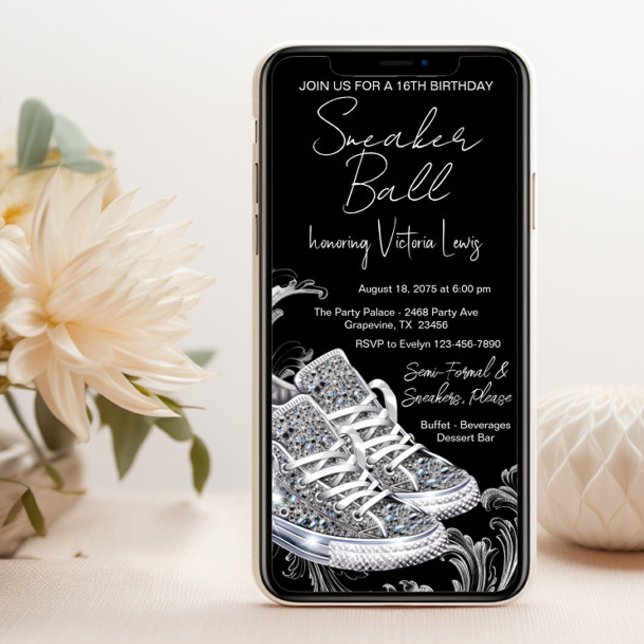 Invitation Fête d'anniversaire chaussure de diamant de téléph (Smartphone sneaker ball invitation. You can change the background color, wording, font, font color.)