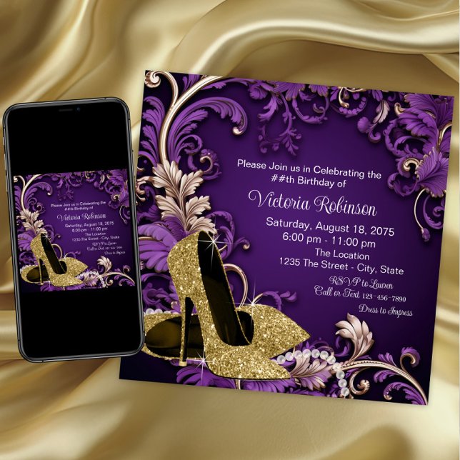 Invitation Fête d'anniversaire chaussure dorée violette pour  (Purple gold shoe any event invitation. Instant download and printed invitations available.)