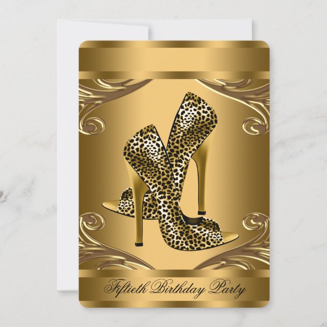 Invitation Fête d'anniversaire chaussure léopard noir et or é (Devant)