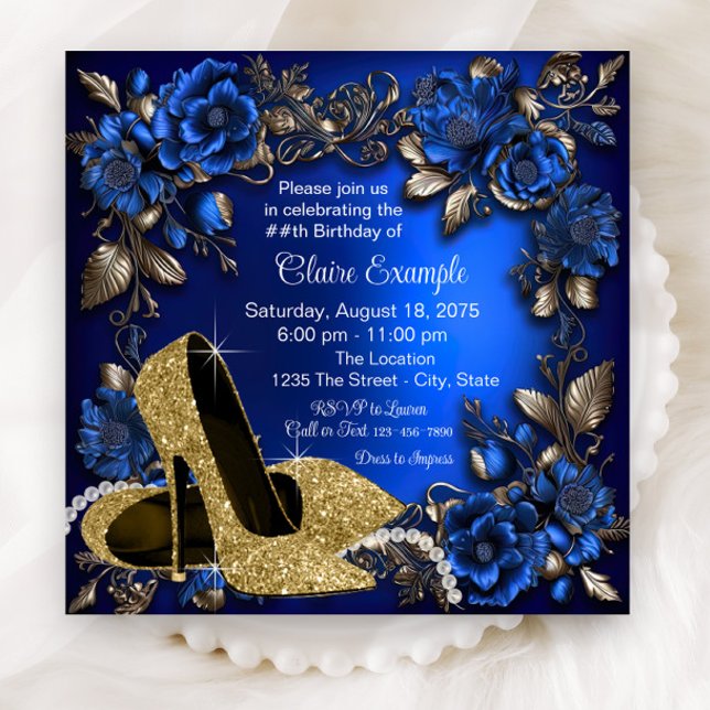 Invitation Fête d'anniversaire chaussure or bleu royal femme (Elegant royal blue gold floral shoe any number birthday party and event invitation.)