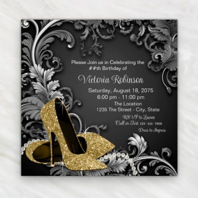 Invitation Fête d'anniversaire chaussure or femme noire (Elegant gold shoe and swirls any number birthday or event invitation. Simply add your details.)