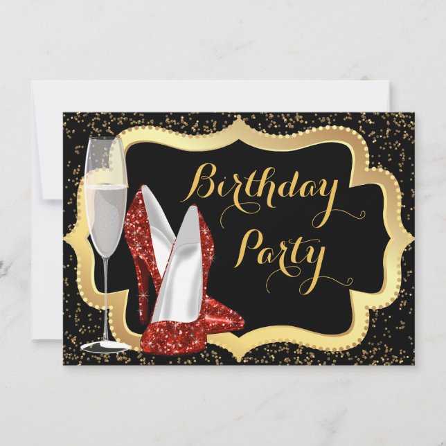 Invitation Fête d'anniversaire chaussure rouge à talon haut (Devant)