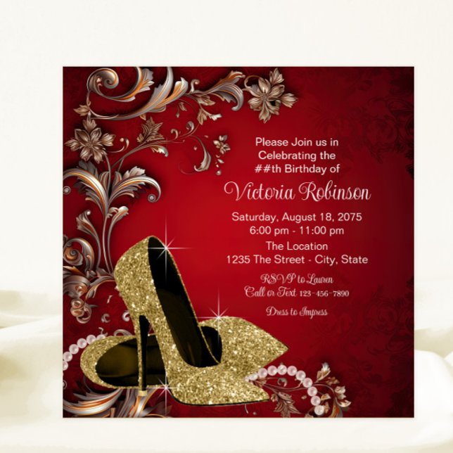 Invitation Fête d'anniversaire chaussure rouge or femme (Womans red gold shoe any number or event invitation. All text can be changed.)