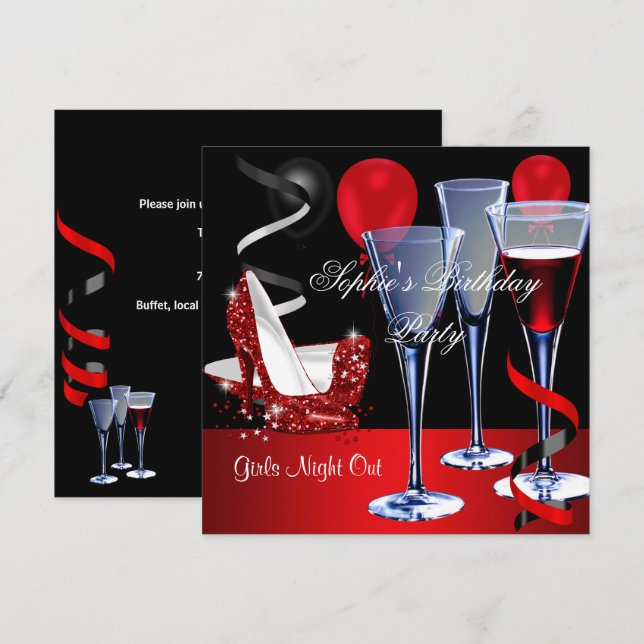 Invitation Fête d'anniversaire chaussure rouge talons hauts v (Devant / Derrière)