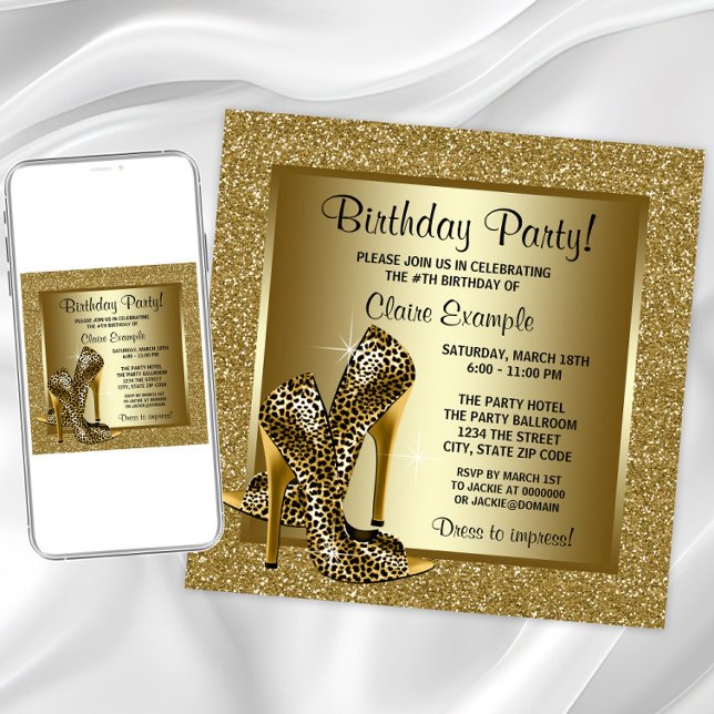 Invitation Fête d'anniversaire chaussures à talons hauts léop (Elegant gold leopard shoe any occasion invitation. Instant download & printed invitations available.)