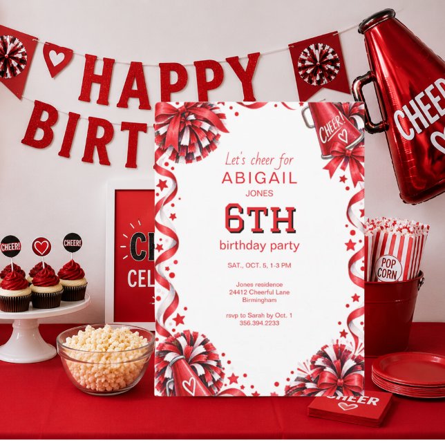 Invitation Fête d'anniversaire Cheer rouge (Créateur téléchargé)