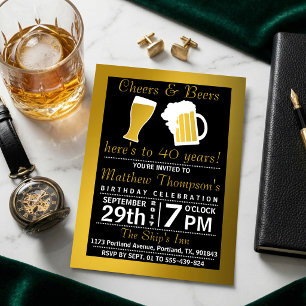 Invitation Fête d'anniversaire Cheers & Beers Noir & Or