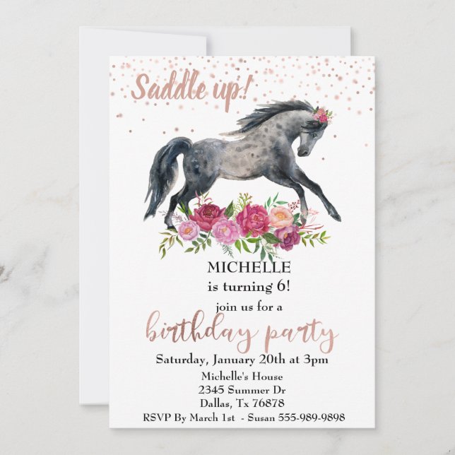 Invitation Fête d'anniversaire Cheval à selle rose (Devant)