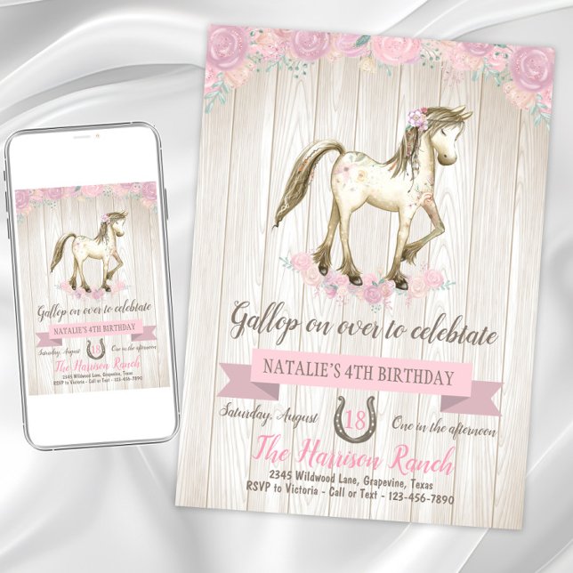 Invitation Fête d'anniversaire Cheval Aquarelle (Cute pony birthday party invitation. Instant download and printed invitations available.)