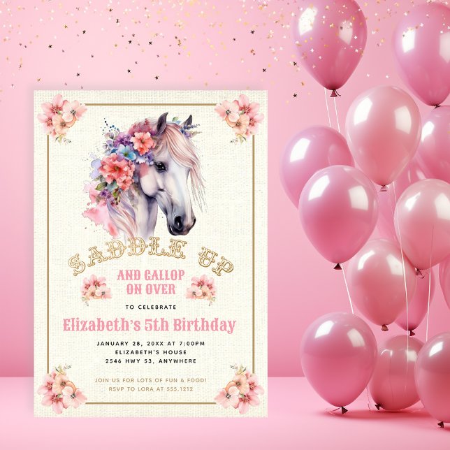 Invitation Fête d'anniversaire Cheval Blanc Floral Rose (Créateur téléchargé)