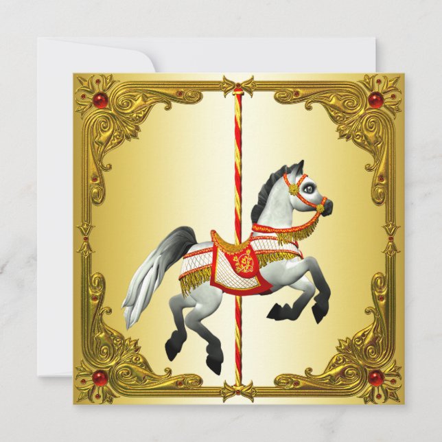 Invitation Fête d'anniversaire Cheval de carrousel Rouge et O (Devant)