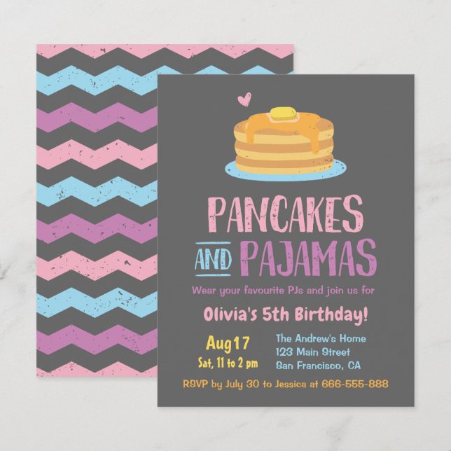 Invitation Fête d'anniversaire Chevron Crêpes et Pyjamas (Devant / Derrière)