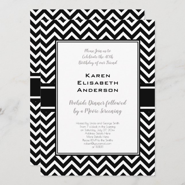 Invitation Fête d'anniversaire Chevron noir et blanc (Devant / Derrière)
