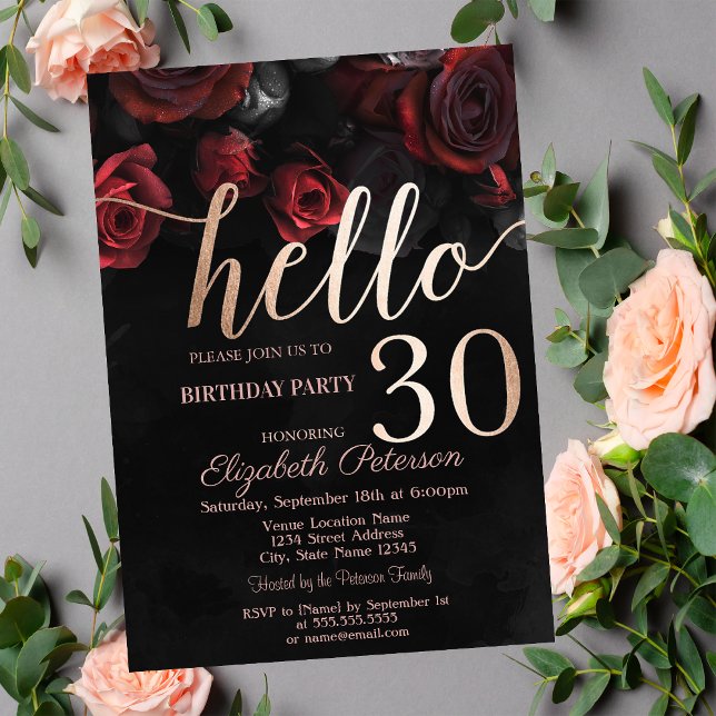 Invitation Fête d'anniversaire chic 30 ans Roses rouges sur f (Créateur téléchargé)