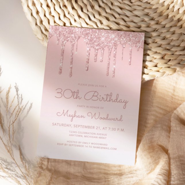 Invitation Fête d'anniversaire chic à paillettes rose 30 ans (Créateur téléchargé)