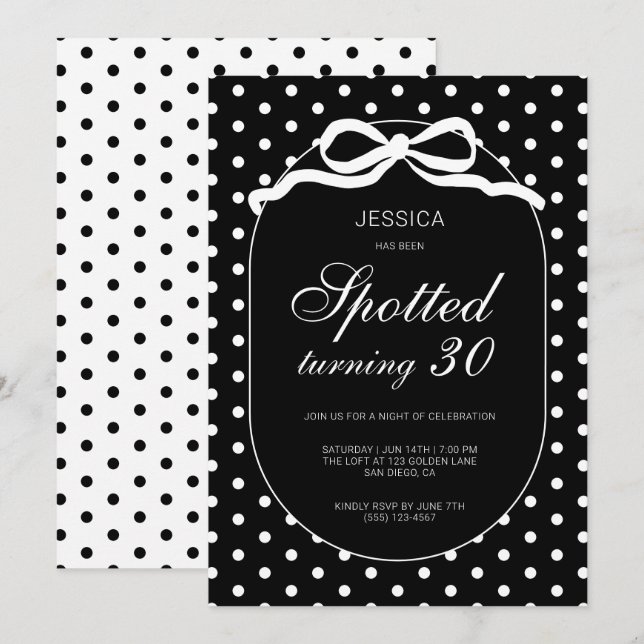 Invitation Fête d'anniversaire chic à pois avec nœud papillon (Devant / Derrière)