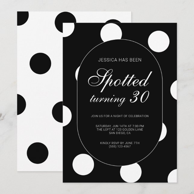 Invitation Fête d'anniversaire chic à pois tachetés pour 30 a (Devant / Derrière)