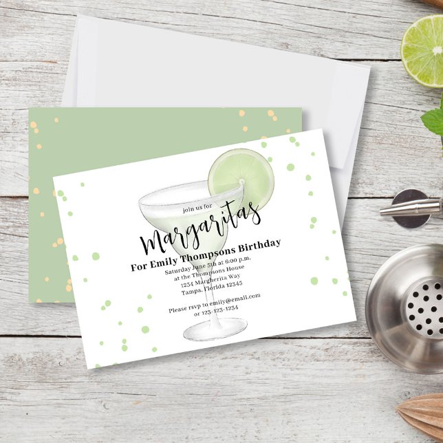 Invitation Fête d'anniversaire Chic Adulte Margarita Cool Boi (birthday party invitation with a fun watercolor margarita with a lime.)