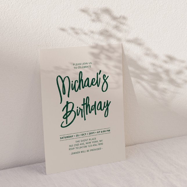 Invitation Fête d'anniversaire chic avec lettrage vert et bei (Créateur téléchargé)