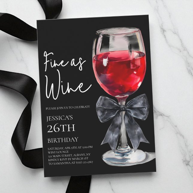 Invitation Fête d'anniversaire chic avec nœud noir 26 ans Fin (Chic Black Bow Fine as Wine 26th Birthday Party Invitation)