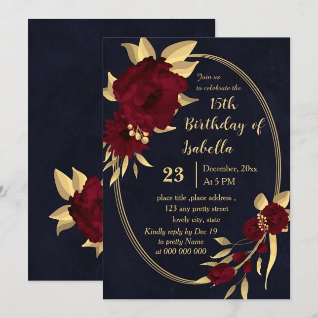 Invitation Fête d'anniversaire chic bordeaux et or marine (Devant / Derrière)
