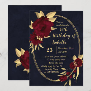 Invitation Fête d'anniversaire chic bordeaux et or marine
