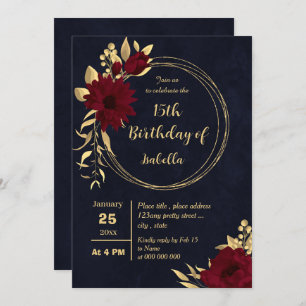 Invitation Fête d'anniversaire chic bordeaux et or marine