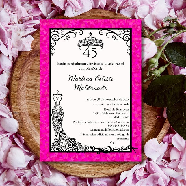 Invitation Fête d'anniversaire chic en rose vif et noir espag (Créateur téléchargé)