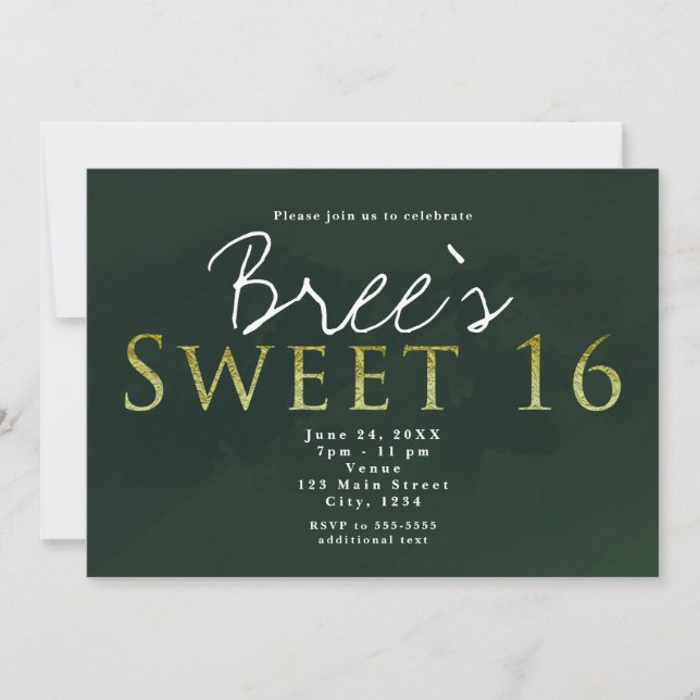 Invitation Fête d'anniversaire chic et élégante SWEET 16 vert (Devant)