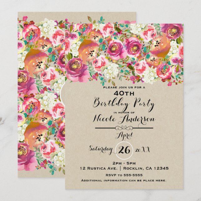 Invitation Fête d'anniversaire chic florale et kraft shabby c (Devant / Derrière)