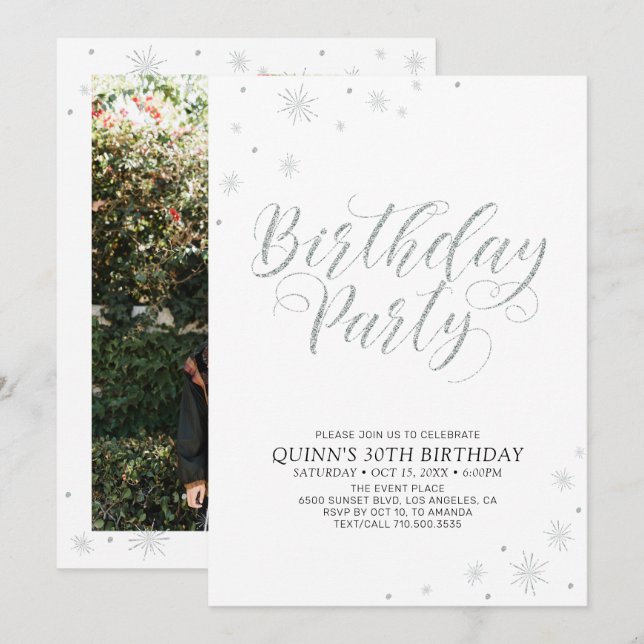 Invitation Fête d'anniversaire chic moderne argenté pour adul (Devant / Derrière)