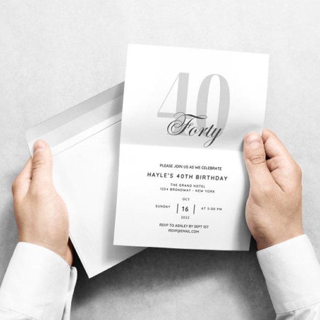 Invitation Fête d'anniversaire chic noir et blanc - 40 ans (Créateur téléchargé)