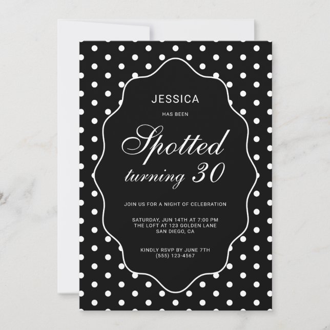 Invitation Fête d'anniversaire chic noire à pois 30 ans (Devant)