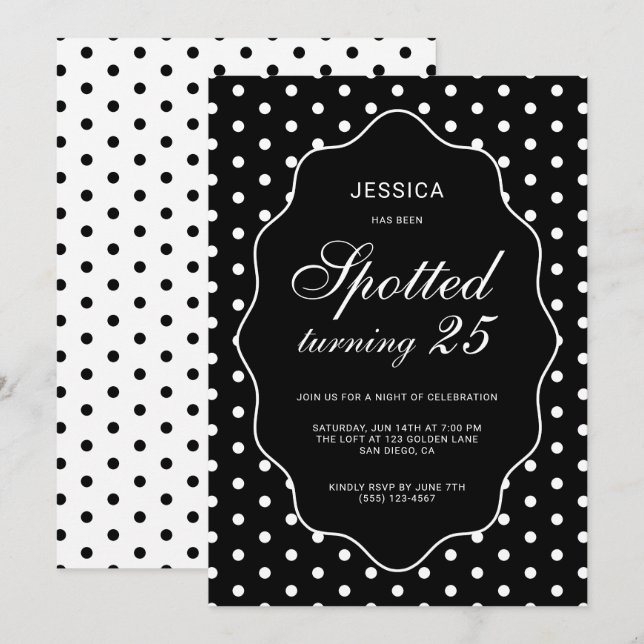 Invitation Fête d'anniversaire chic noire à pois tachetés 25  (Devant / Derrière)