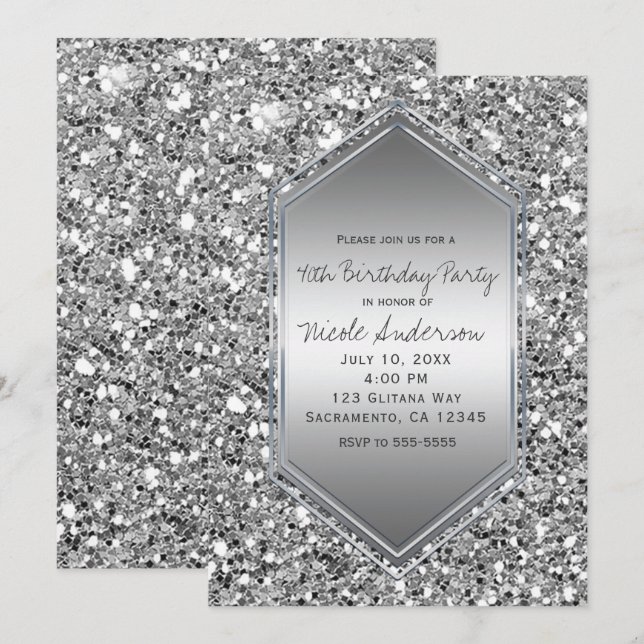 Invitation Fête d'anniversaire chic paillettes argentées tout (Devant / Derrière)