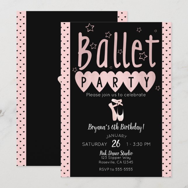 Invitation Fête d'anniversaire chic Pink & Black Ballet Balle (Devant / Derrière)