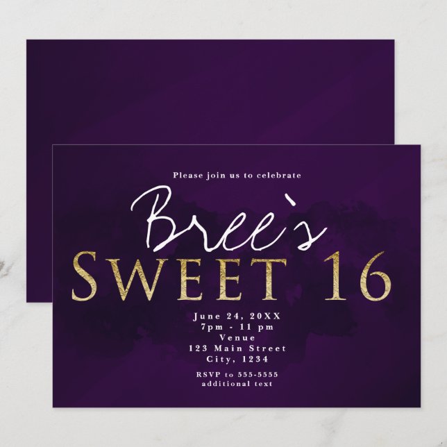 Invitation Fête d'anniversaire chic Sweet 16 en violet, noir  (Devant / Derrière)