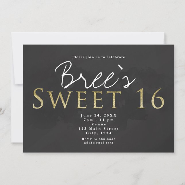 Invitation Fête d'anniversaire chic SWEET 16 gris foncé et or (Devant)