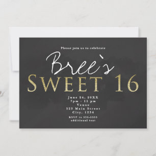 Invitation Fête d'anniversaire chic SWEET 16 gris foncé et or